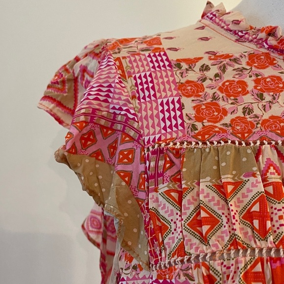 EUC Boho Orange Pink Green Cream Patch Print Flutter Sleeve Women's Top | Size M - Picture 4 of 5